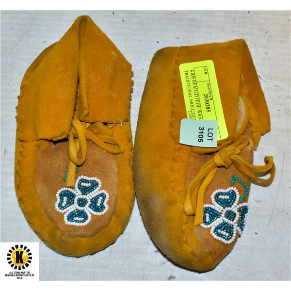 KIDS BEADED HIDE WRAP AROUND TRADITIONAL MOCCASINS