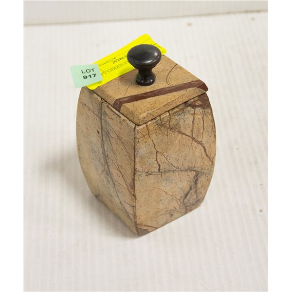 HEAVY LIDDED STONE JAR WITH VARIOUS STONES