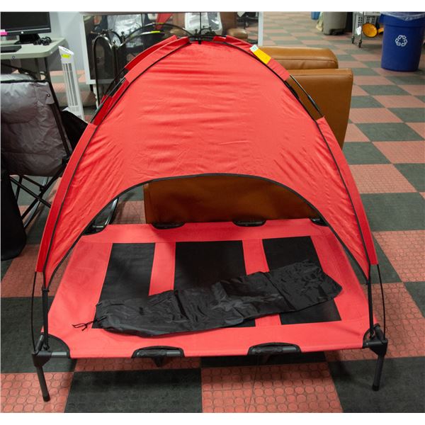 NEWLY ASSEMBLED RAISED PET BED, BLACK/RED