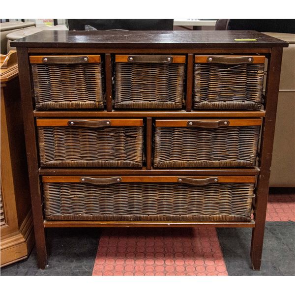 SOLID DARK WOOD AND WICKER 6-DRAWER