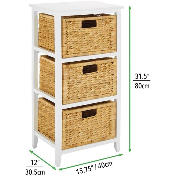 NEW WHITE 3 DRAWER END TABLE WITH WATER HYACINTHE