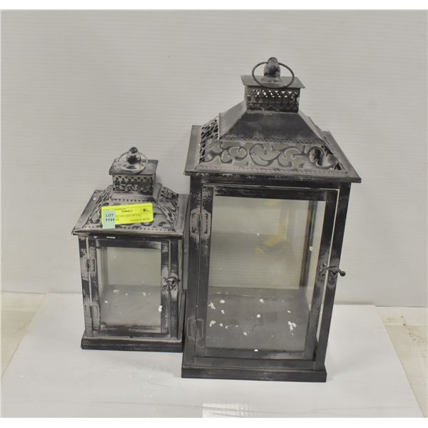 PAIR OF GLASS AND METAL LANTERNS