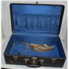 ANTIQUE BLUE SUITCASE WITH 2 TIARAS + RHINESTONE