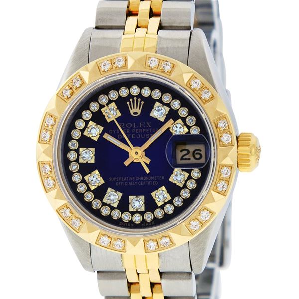 Rolex Ladies 2T Blue Vignette String Pyramid Diamond Datejust Wristwatch