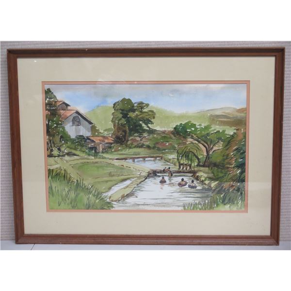 Landscape Artwork w/ Farm & Ducks Signed by Artist, Framed & Matted 28"x21"