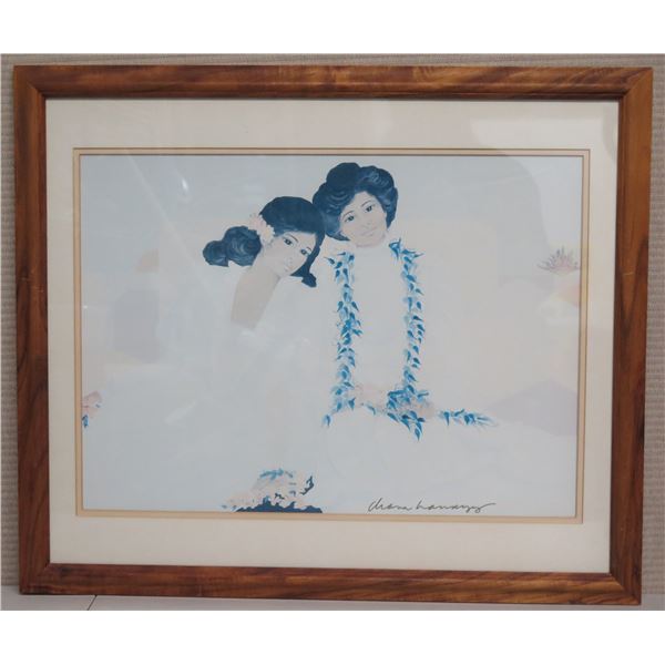 Hawaiian Women Artwork Signed Diana Hansen Young, Framed & Matted 26"x22"