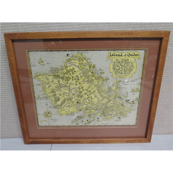 Island of Oahu Cartograph Printed by Honolulu Star-Bulletin Framed & Matted 19"x16"