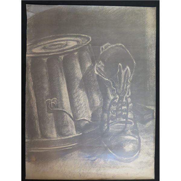 Art Print, Trash Can & Boot, Signed by Artist, Framed & Matted 18" x 24"