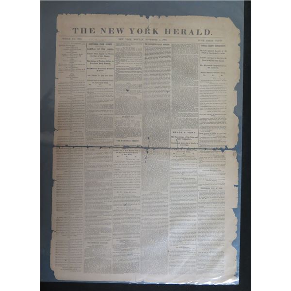The New York Herald Newspaper Page Monday November 2, 1863 (one page)