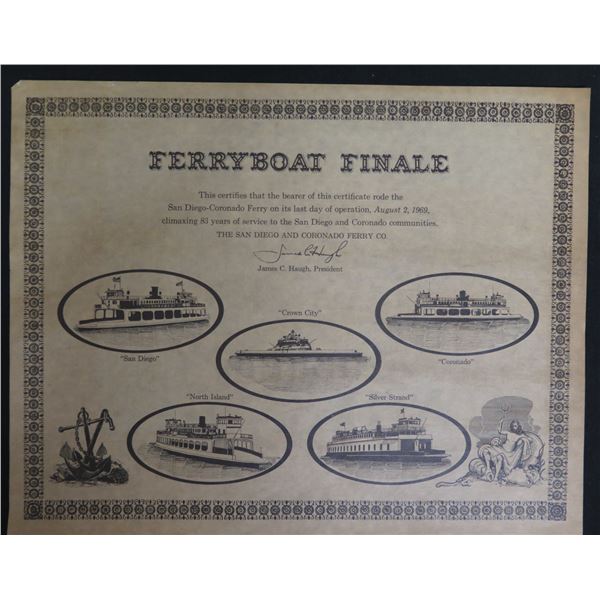 Ferryboat Finale Certificate from San Diego-Coronado on It's Last Day August 2, 1969