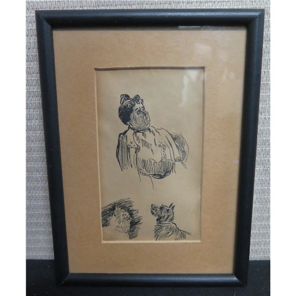 Sketch of Woman w/ Pets, Framed & Matted 6"x8*