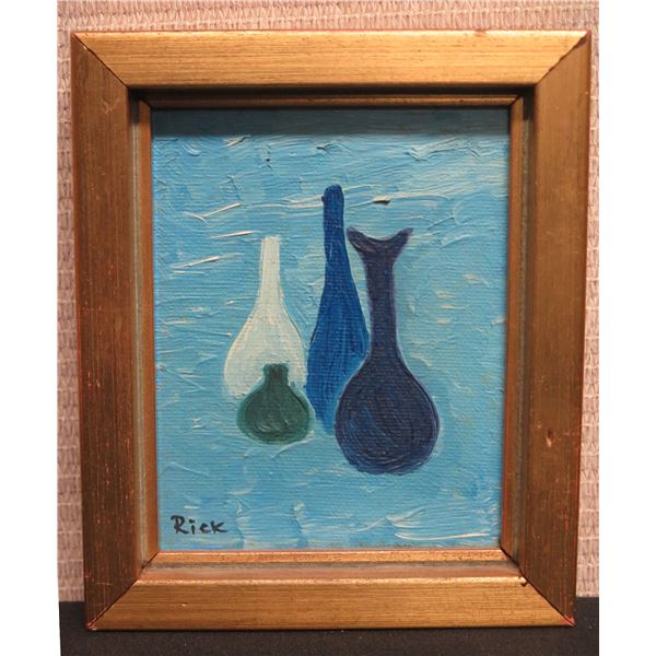Painting of Bottles Signed by Artist Rick, in Wood Frame 5"x6"