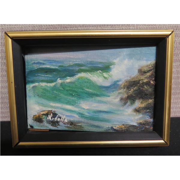 Landscape Ocean Artwork Signed by Artist Mrdella (?) in Wood Frame 7"x5.5"