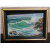 Image 1 : Landscape Ocean Artwork Signed by Artist Mrdella (?) in Wood Frame 7"x5.5"
