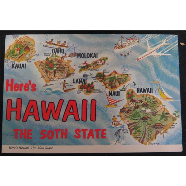 Here's Hawaii the 50th State Continental Card Postcard w/ Message Dated 4-6-73