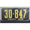 Image 1 : Hawaii 1938 Black License Plate 30-847, 13"x6.5"