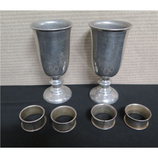 Qty 2 Metal Stemmed Beverage Ware 7"H Marked USA & 4 Napkin Rings