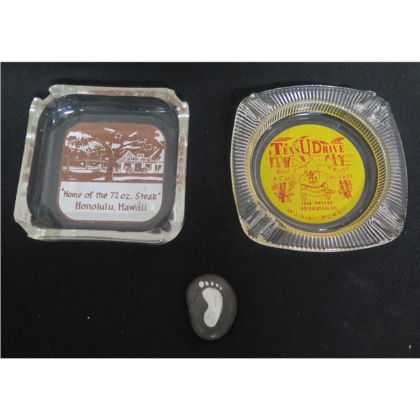 Qty 2 Ashtrays: Home of the 72oz Steak & Texas U Drive & Stone w/ Painted Foot