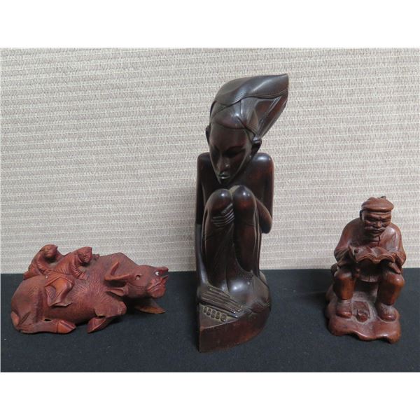Qty 3 Wooden Statues: Seated Man Reading, Woman & Men on an Ox