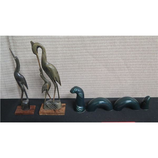 Qty 2 Crane Statues on Square Base & 4 Section Sea Monster Figurine