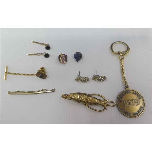 Multiple Accessories: Pins, Cuff Links, Tie Tacks & Bars, 1979 Key Chain, Earrings etc