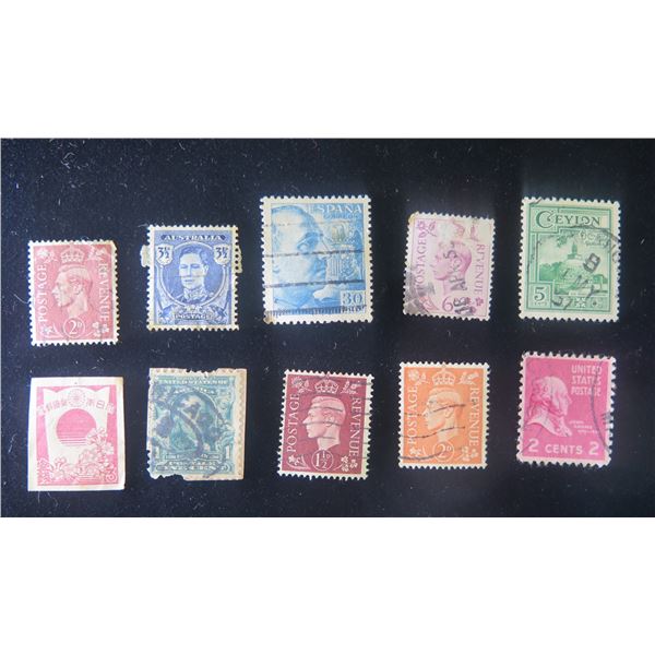 Qty 10 Collectible Stamps: Australia, Espana, Ceylon, Postage Revenue, US Postage Misc Value, etc