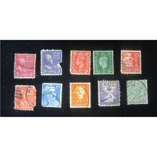 Qty 10 Collectible Stamps: Danmark, Nederland, RF, US Postage Misc Value, etc