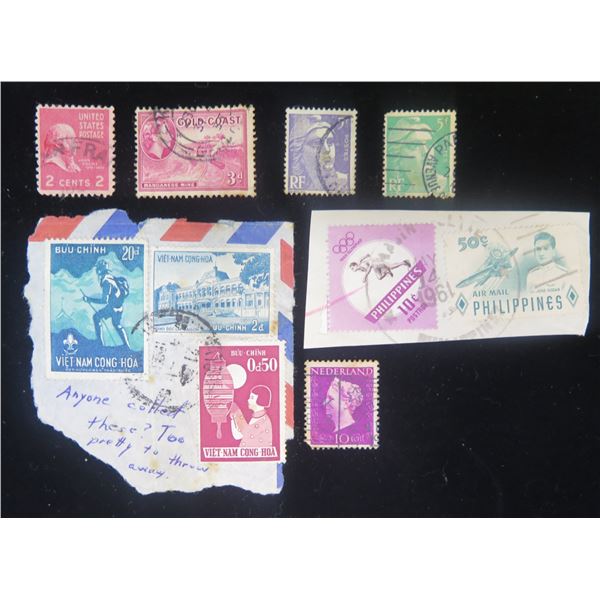 Qty Approx. 10 Collectible Stamps: Gold Coast, RF, Philippines, Viet-Nam, US Postage Misc Value, etc