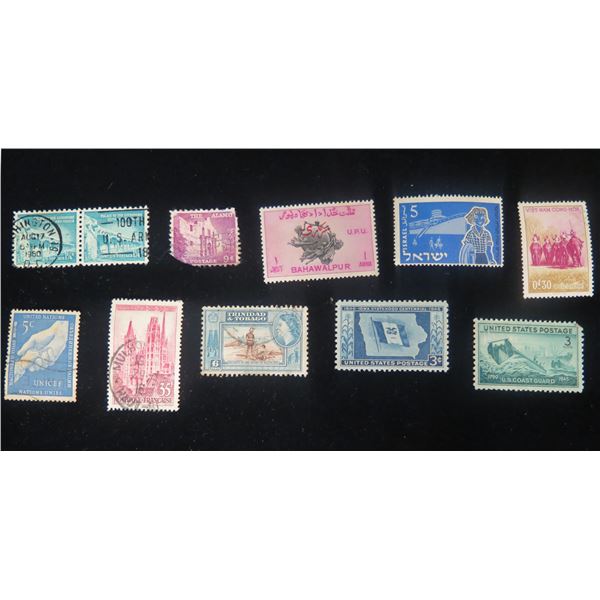 Qty 10 Collectible Stamps: Bahawalpur, Israel, Viet-Nam, United Nations, US Postage Misc Value, etc