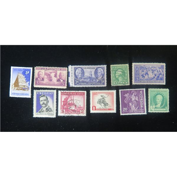 Qty 10 Collectible Stamps: Viet-Nam, Ecuador, Uruguay, Chile, US Postage Misc Value, etc