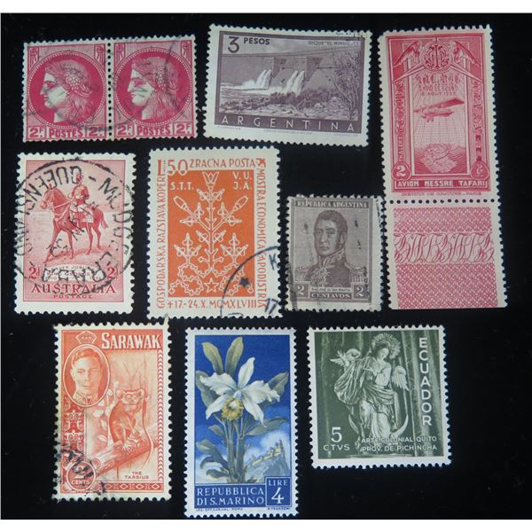 Qty Approx. 11 Collectible Stamps: Argentina, Australia, Ecuador, San Marino, Sarawak, etc