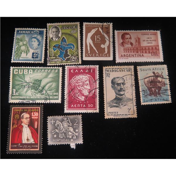 Qty 10 Collectible Stamps: Queen Elizabeth, Jamaica, South Africa, Madagascar, Cuba, etc