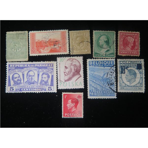 Qty 10 Collectible Stamps: Colombia, Belgique, Polska, Paraguay, US Postage Misc Value, etc