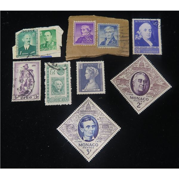 Qty Approx. 10 Collectible Stamps: Monaco, Norge, Romina, Eire, US Postage Misc Value, etc