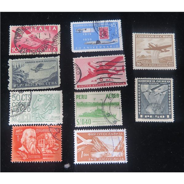 Qty 10 Collectible Stamps: Italia, Cuba, Mexico, FNR Jugoslavija, Peru, Columbia, Chile, etc