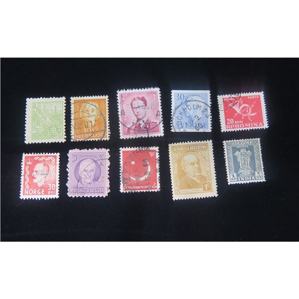 Qty 10 Collectible Stamps: Belgique, Brasil, Nederland, Sverige, Romina, India, Pakistan, etc