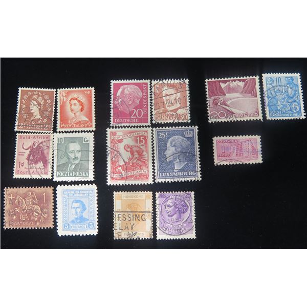 Qty 15 Collectible Stamps: Queen Elizabeth, South Africa, Polska, Portugal, Uruguay, Hong Kong, etc