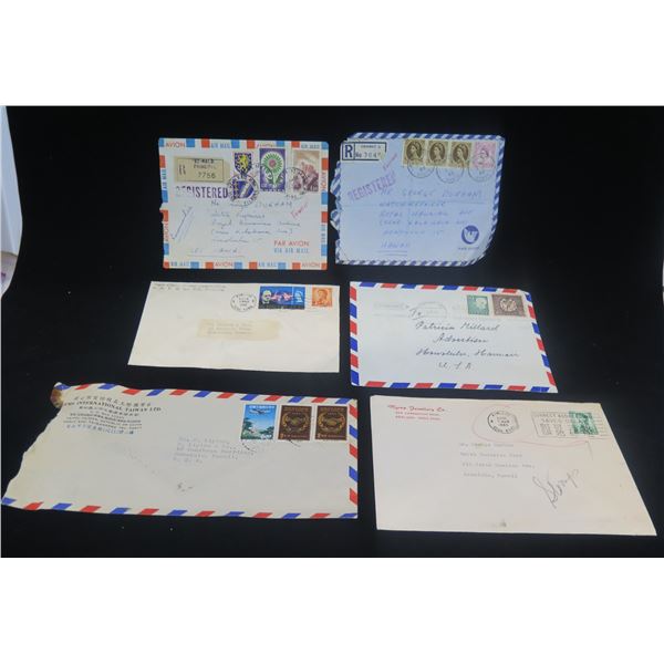 Qty 6 Envelopes w/ Stamps: Queen Elizabeth, Europa, Republique Francaise, Sverige, Hong Kong, etc