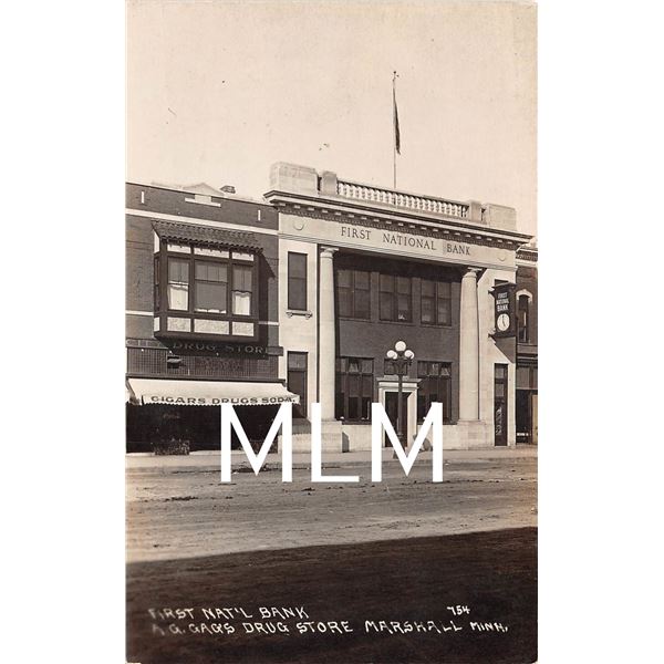 First National Bank & Drug Store Front Marshall, Minnesota Photo Postcard