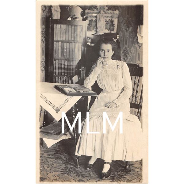 Interior Lady & Her Postcard Album Photo Postcard
