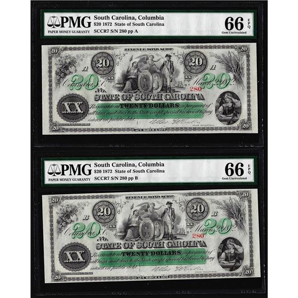 Lot of (2) 1872 $20 State of South Carolina Obsolete Note PMG Gem Uncirculated 66EPQ