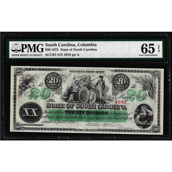 1872 $20 State of South Carolina Obsolete Note PMG Gem Uncirculated 65EPQ