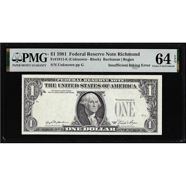 1981 $1 Federal Reserve Insufficiant Inking Error Note PMG Choice Uncirculated 64EPQ