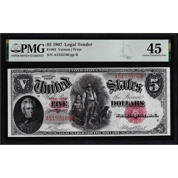 1907 $5 Woodchopper Legal Tender Note Fr.83 PMG Choice Extremely Fine 45