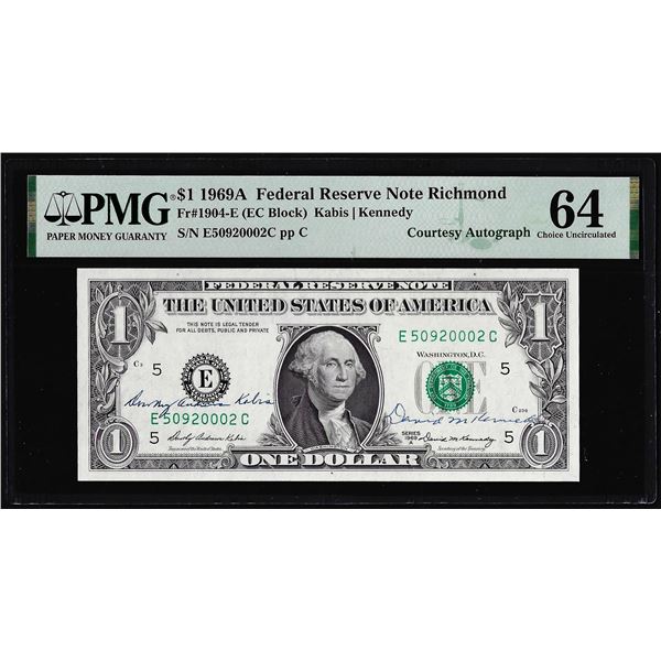 1969A $1 Federal Reserve Note PMG Choice Uncirculated 64 Dual Courtesy Autograph
