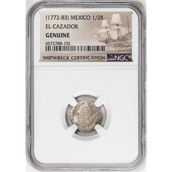 El Cazador Shipwreck (1772-83) Mexico 1/2 Real Silver Coin NGC Genuine w/ Story Card