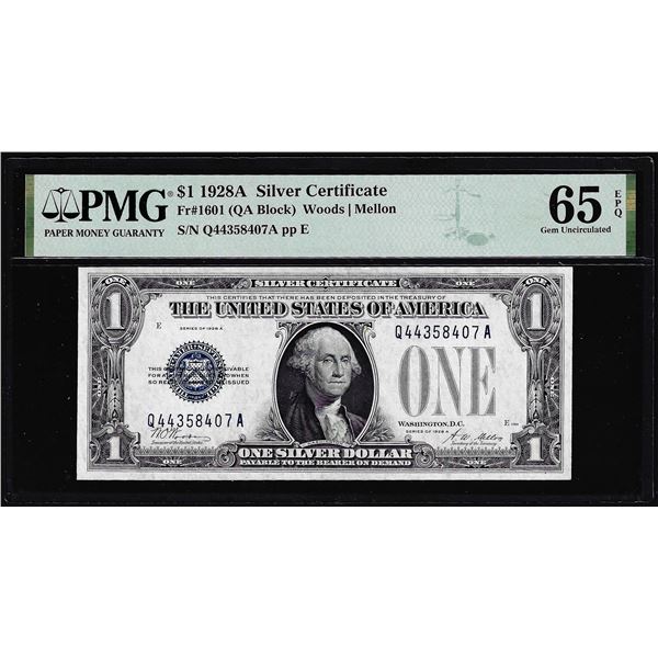 1928A $1 Funnyback Silver Certificate Note Fr.1601 PMG Gem Uncirculated 65EPQ