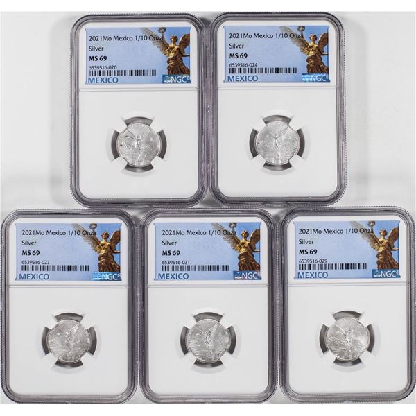 Lot of (5) 2021-Mo Mexico 1/10 oz Silver Libertad Coins NGC MS69