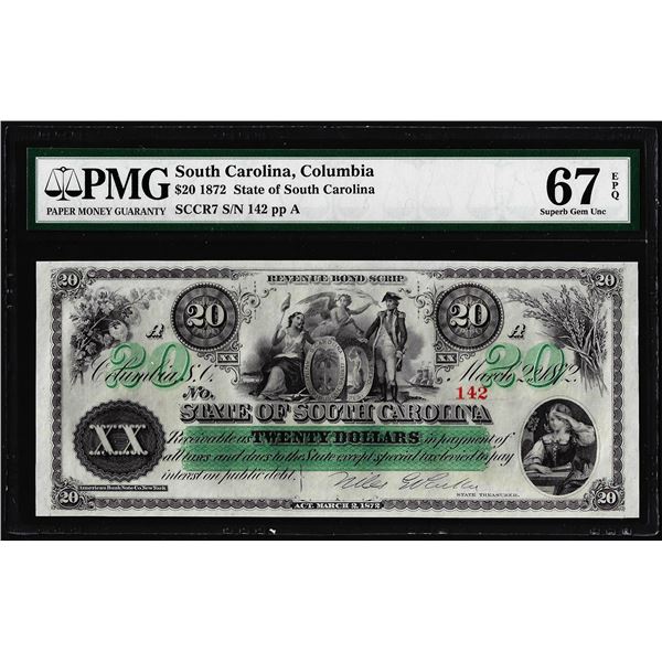 1872 $20 State of South Carolina Obsolete Note PMG Superb Gem Unc 67EPQ