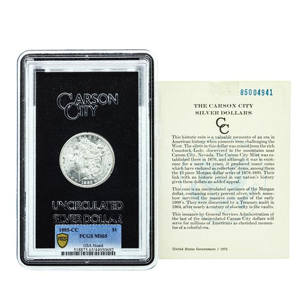 1885-CC $1 Morgan Silver Dollar Coin PCGS MS65 GSA Hoard w/COA
